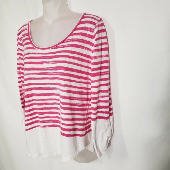Talbots Womens Top Size Medium Pink White Striped Linen Blend 3/4 Tab Sleeves - Picture 5 of 8